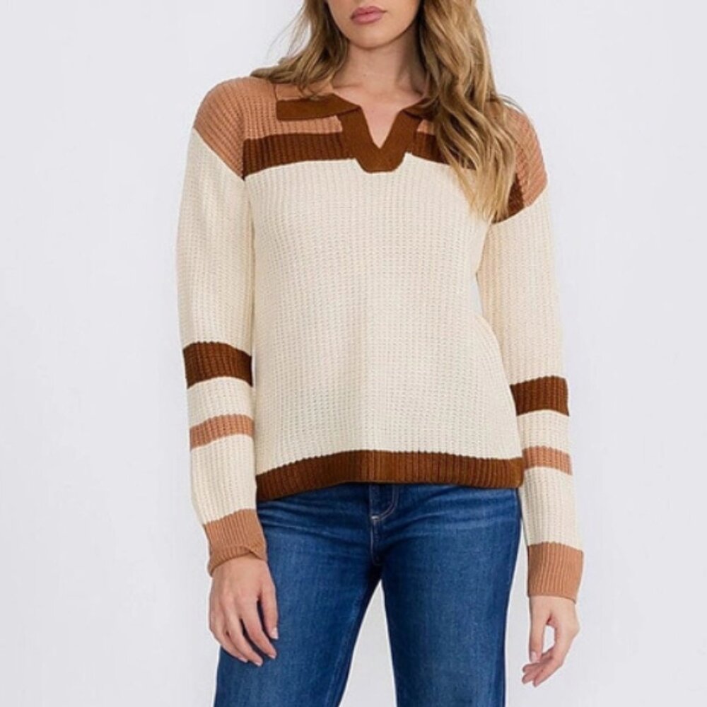 V-Neck Knit Colorblock Pullover Sweater